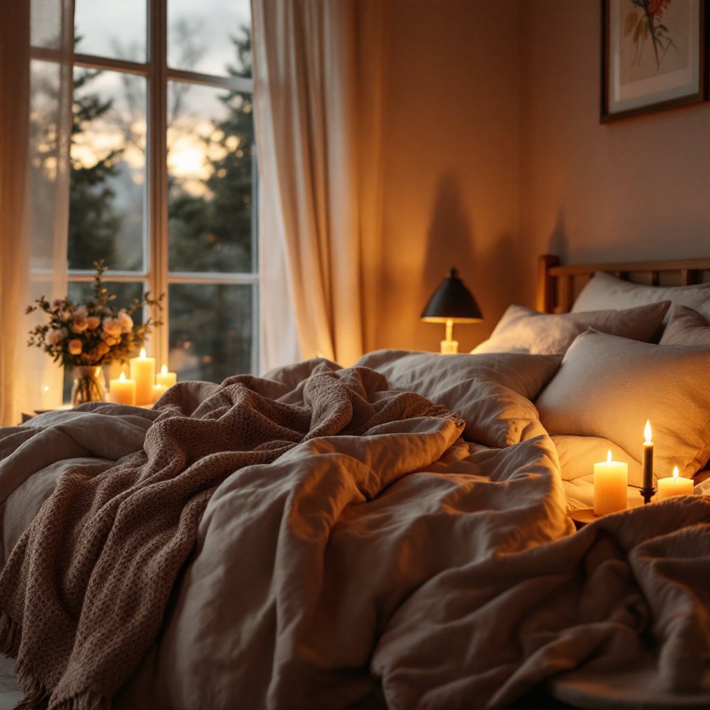 Schlafzimmer gemütlich und romantisch einrichten mit warmem Licht und weichen Textilien