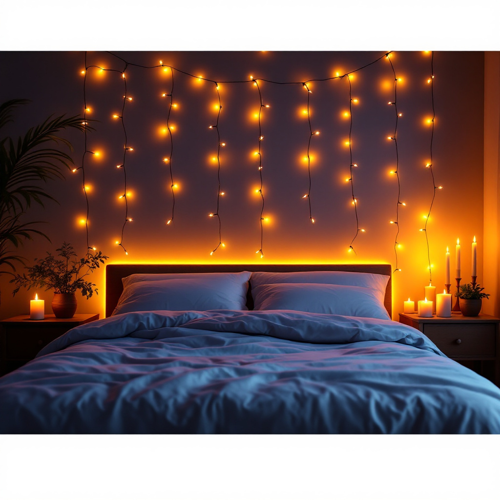 Stimmungsvolle Beleuchtung Schlafzimmer Ideen mit warmem Kerzenlicht und Lichterketten