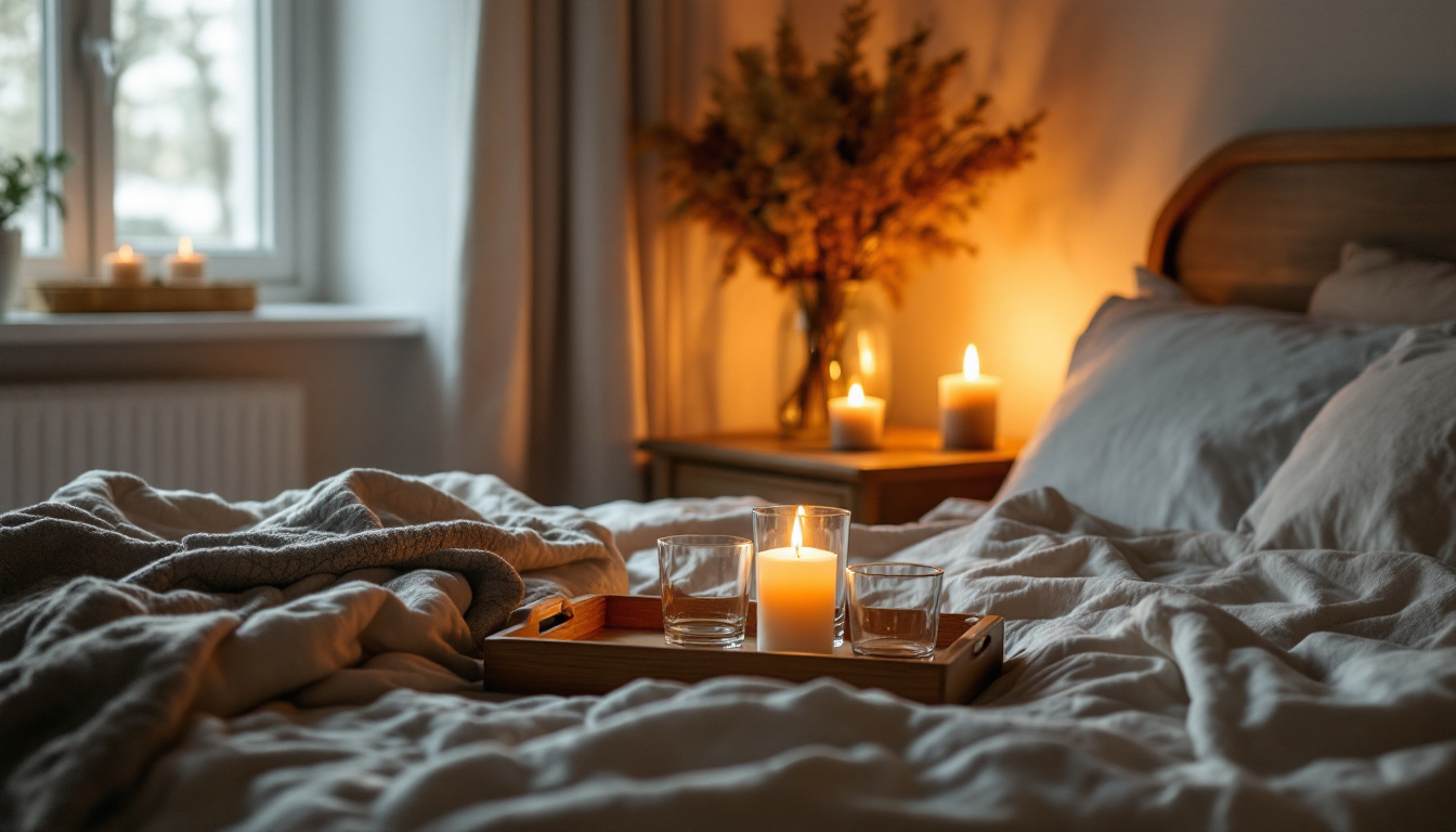 Ideen für Vorspiel: stimmungsvolles Schlafzimmer mit warmem Licht und Kerze